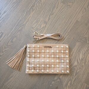 Nicole Lee Tan Crossbody Bag with Pearl Accents